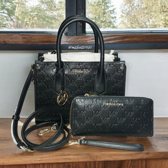Michael Kors ULTRA RARE Maple SM Satchel + Wallet in Black Embossed MK NWT